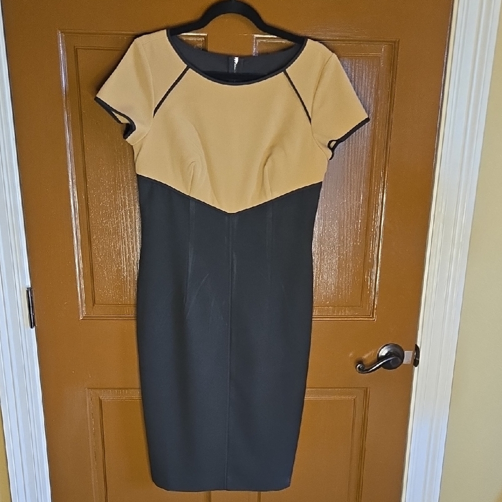 Ann Taylor-Tan/blk sheath short sleeved dress Sz 6.